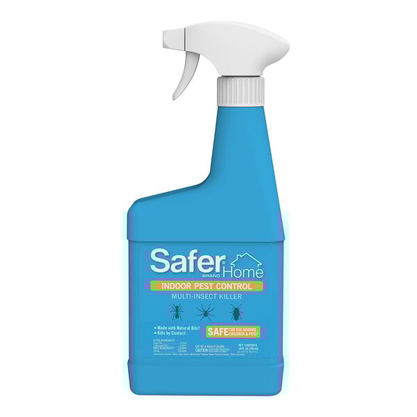 A blue Safer Home spray bottle with a white label and handle.