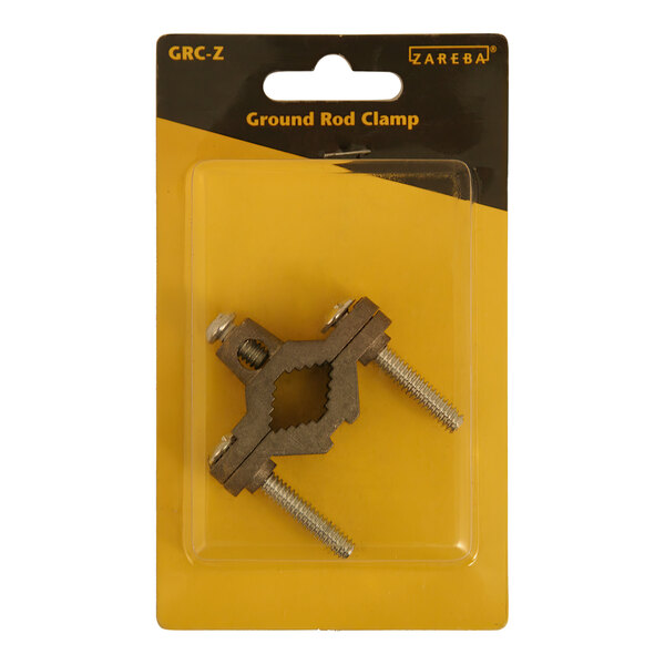 A package of two Zareba aluminum metal ground rod clamps.