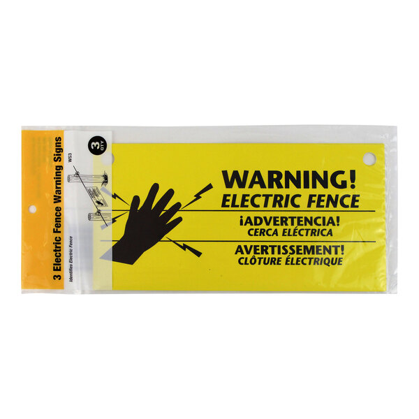 A yellow Zareba electric fence warning sign with black text and a hand with a lightning bolt.