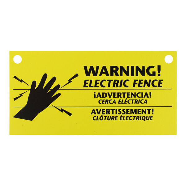 A yellow Zareba warning sign with black text reading "Warning Electric Fence"