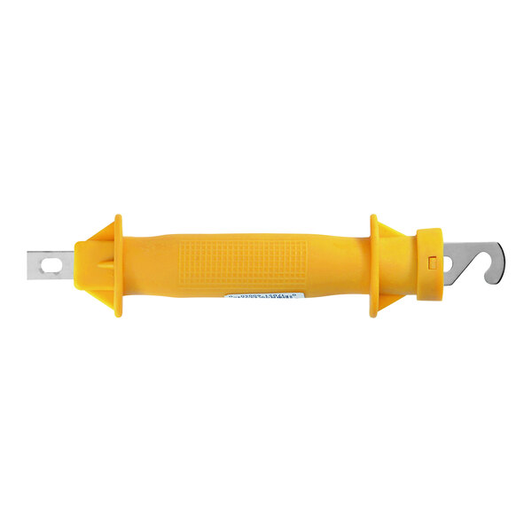 A yellow rubber gate handle with a metal hook.