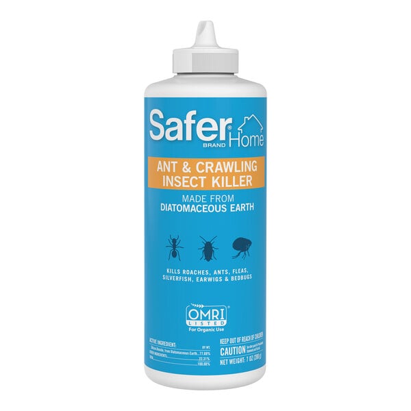 A blue Safer Home container of white ant and crawling insect killer powder with black and white text.