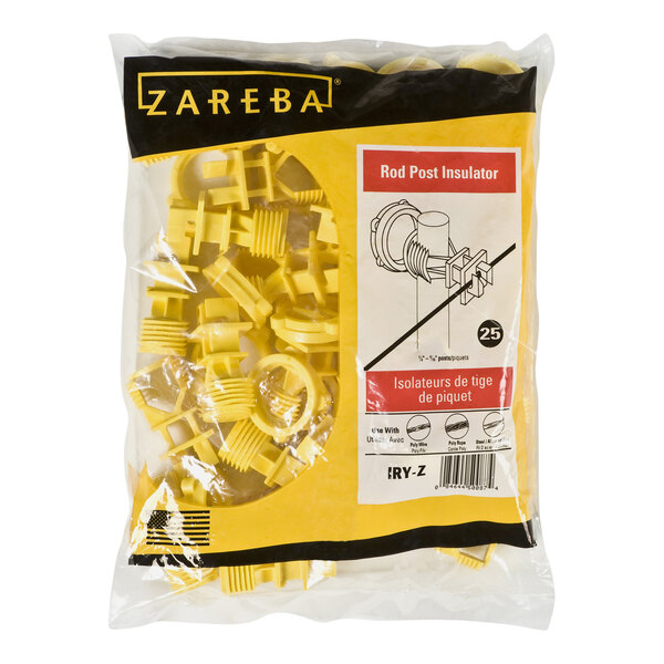 A bag of Zareba yellow plastic screw-on rod post insulators.