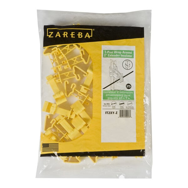 A package of yellow plastic Zareba T-post extenders with a white label.