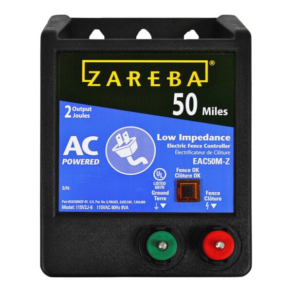 A black Zareba electric fence charger with blue and white labels.