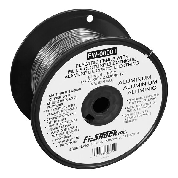 A spool of Fi-Shock aluminum electric fence wire with white text.