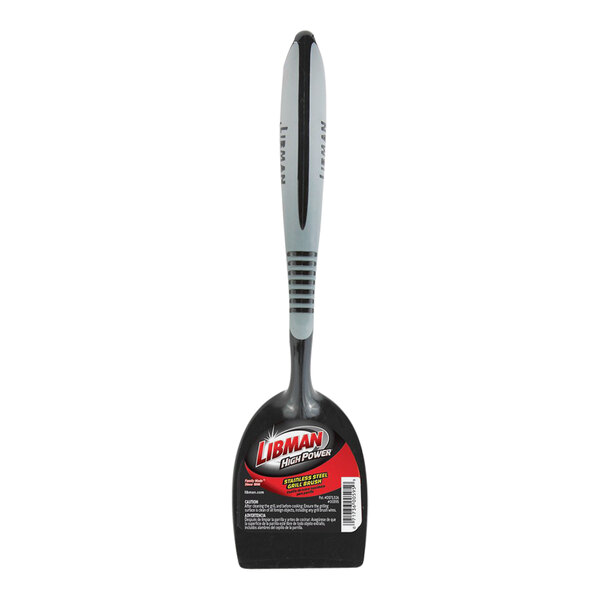 A black Libman BBQ brush with a grey handle and stainless steel fibers.