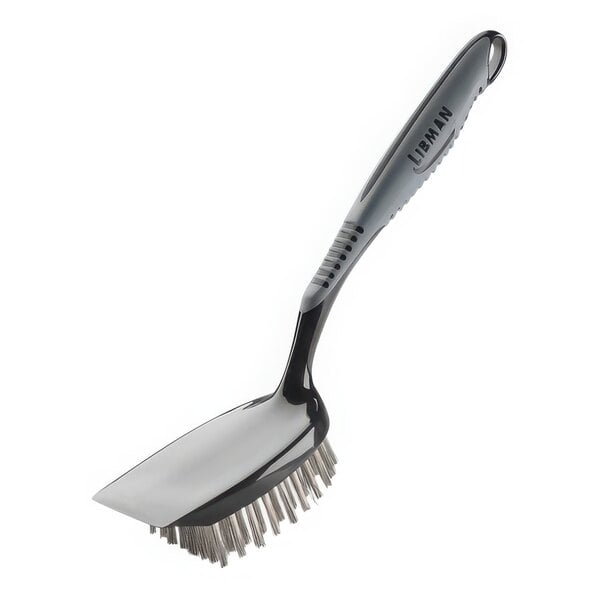 A Libman black and silver BBQ brush with a handle.