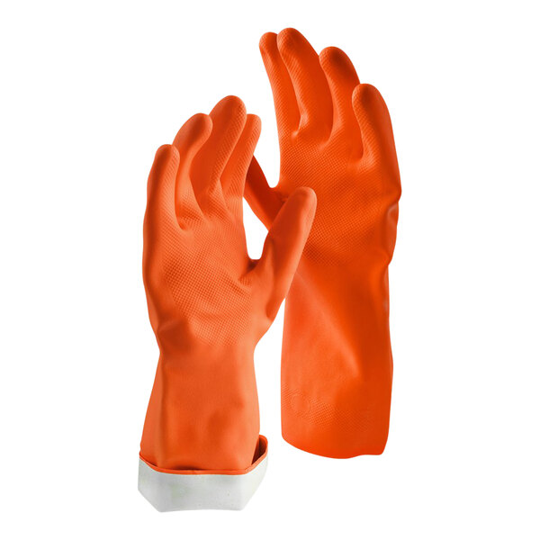 A pair of large orange latex rubber gloves with flock lining.