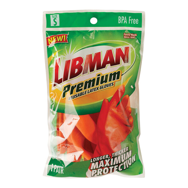 A plastic bag of 12 small Libman premium latex rubber gloves with flock lining in orange packaging.