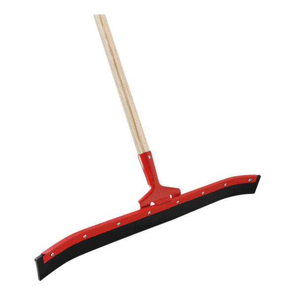 A red and black curved floor squeegee with a wood handle.