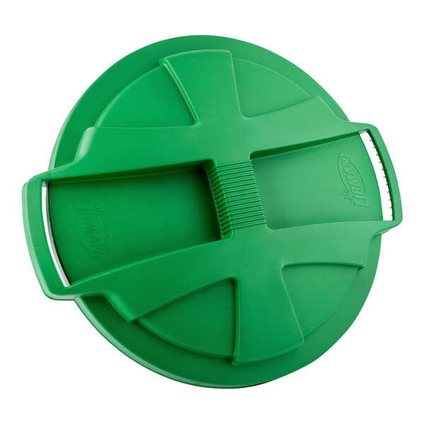 A green plastic Libman trash can lid with a handle.