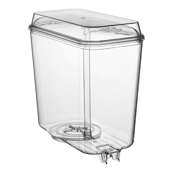 A clear plastic container with a lid for a Crathco refrigerated beverage dispenser.