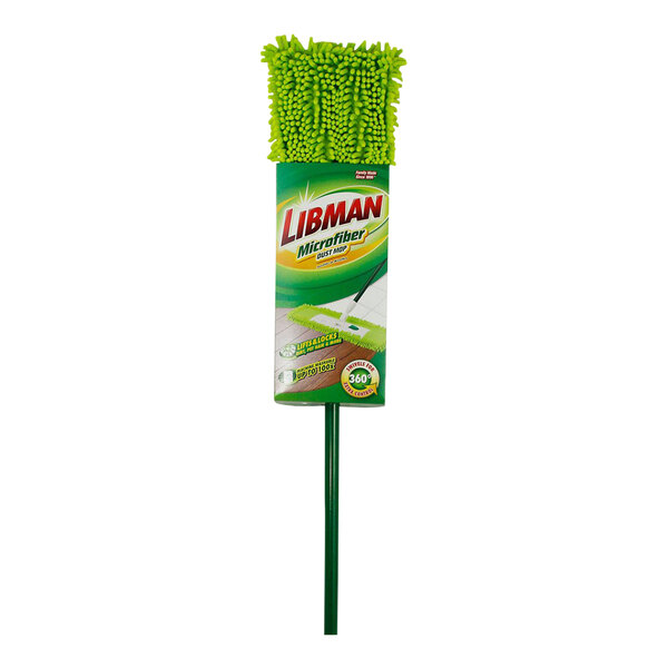 A product package of a Libman microfiber dust mop with a green handle.