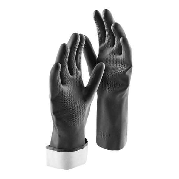 A pair of Libman black rubber gloves with a close-up of the texture inside.