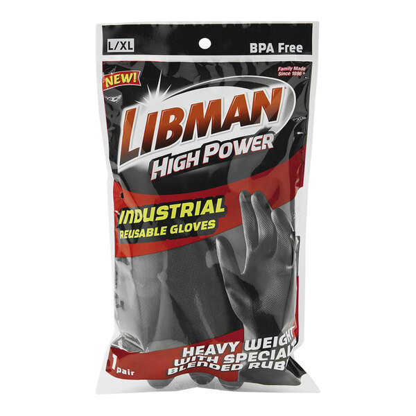 A plastic bag with a package of black Libman industrial-grade rubber gloves.