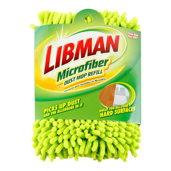 A green Libman microfiber dust mop pad in a package with yellow text.