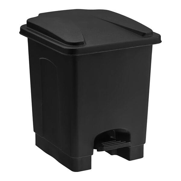 A black plastic Lavex step-on trash can with a lid.