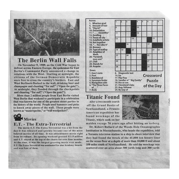 Choice newsprint deli wrap and bakery wrap with a crossword puzzle on a white background.