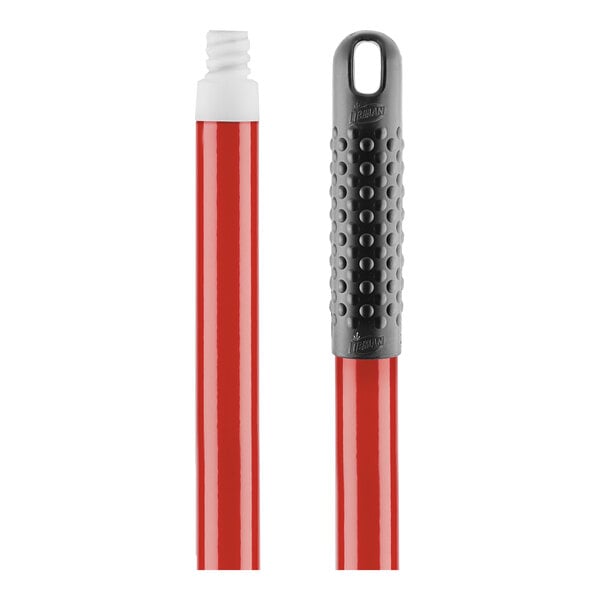 A black and red threaded steel handle with a white tip.