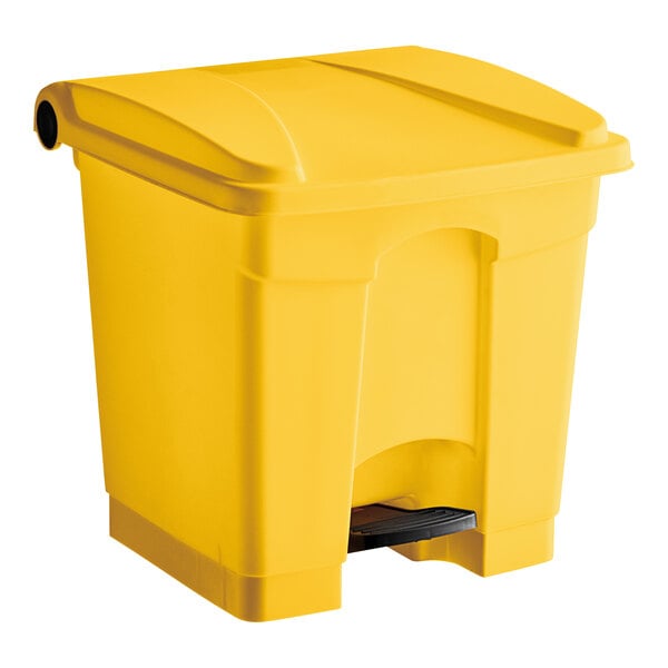 A yellow plastic Lavex rectangular step-on trash can with a black lid and black wheels.