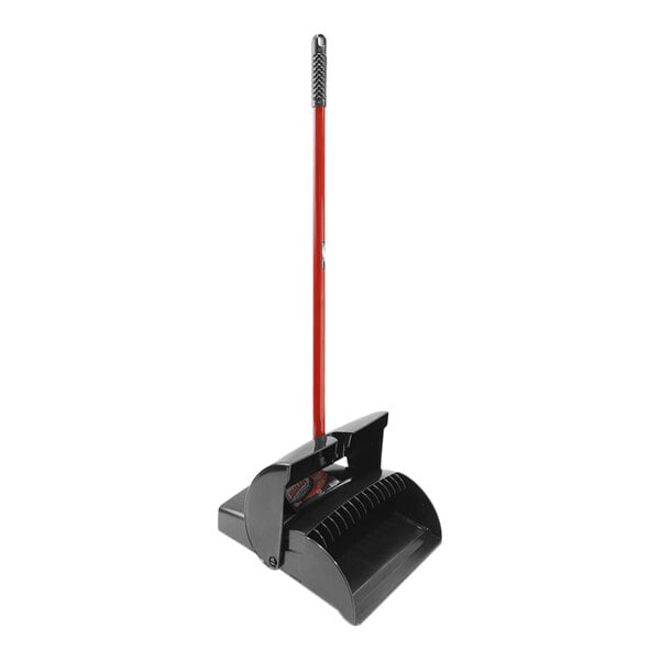 A black and red plastic Libman closed-lid dustpan with a long handle.