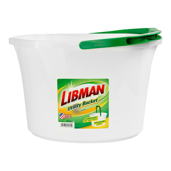 A white Libman utility bucket with a green handle and green lid.