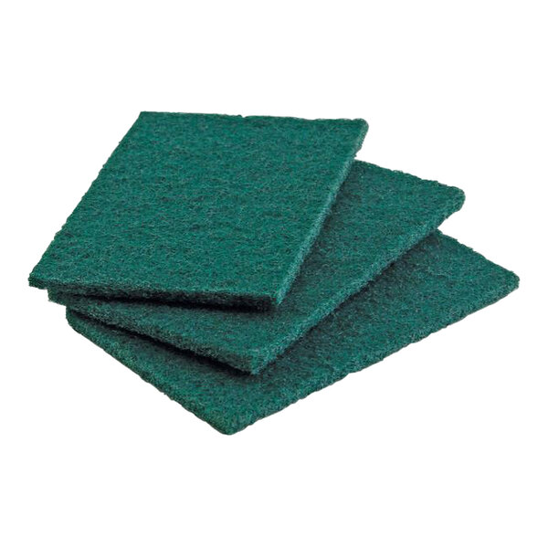 A stack of Libman green heavy-duty scouring pads.