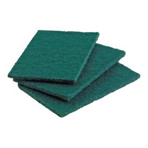 A stack of green Libman heavy-duty scouring pads.