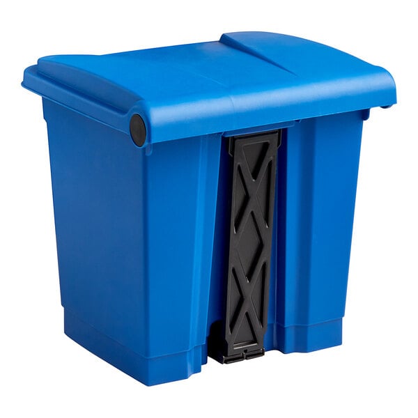 A blue plastic container with a black handle.
