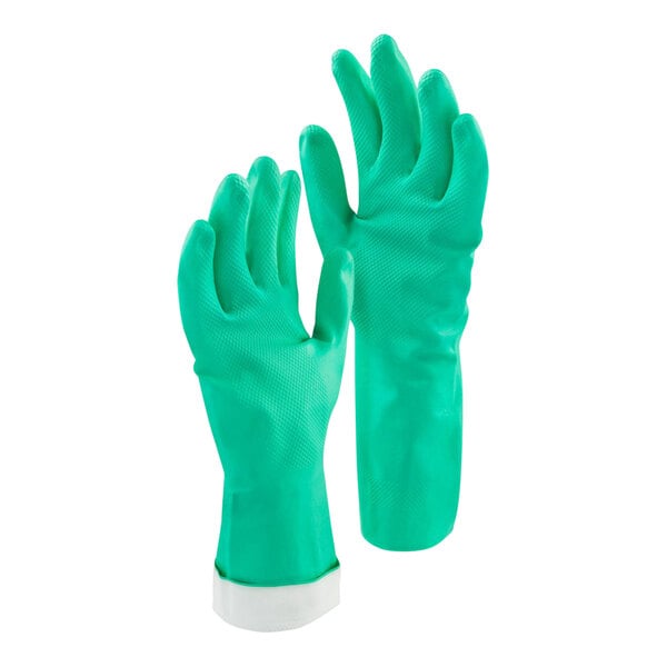 A pair of green Libman heavy-duty unlined rubber gloves.