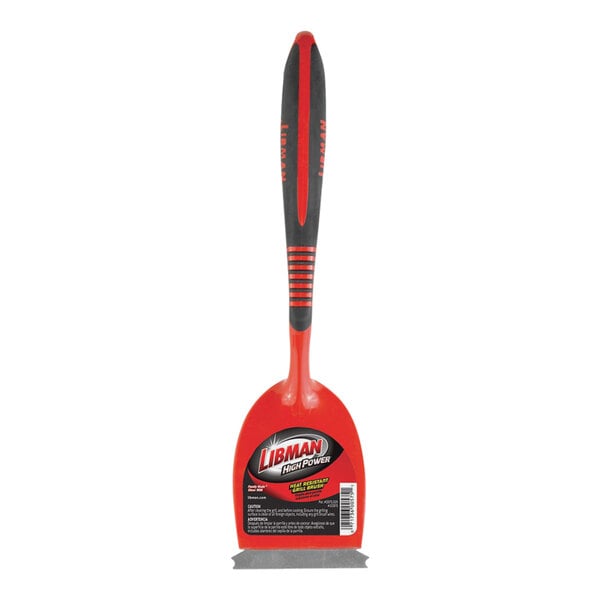 The black and red handle of a Libman 11" red BBQ brush.