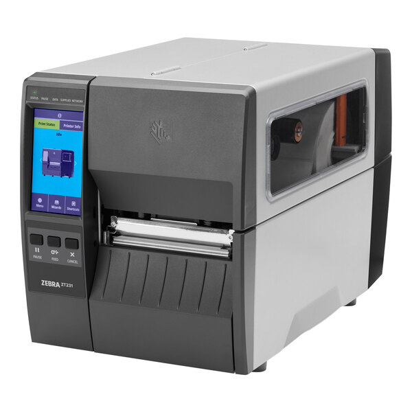 A grey and black Zebra ZT231 industrial barcode printer.