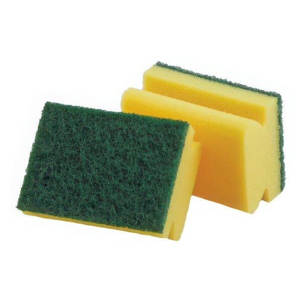 A yellow Libman synthetic sponge scrubber on a yellow surface.