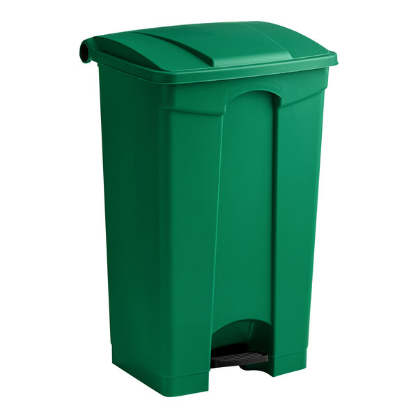 A Lavex green rectangular step-on trash can with a lid.