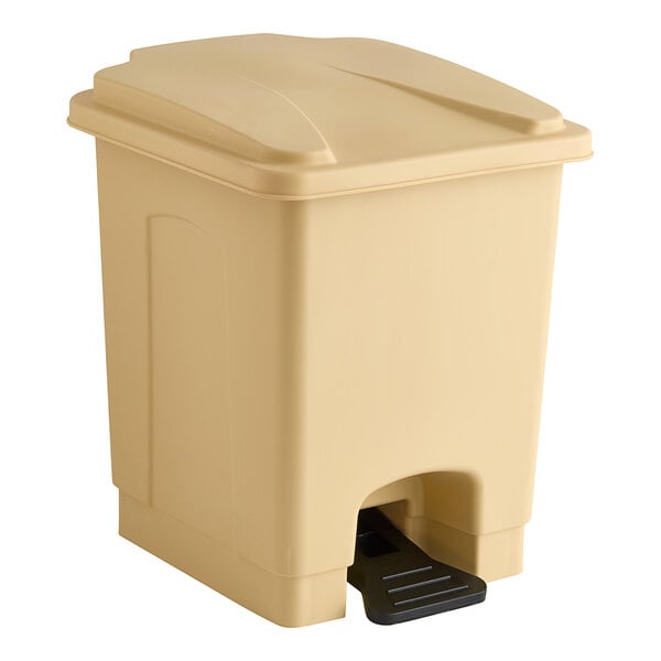 A beige plastic Lavex step-on trash can with a black foot pedal.
