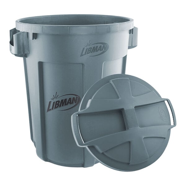 A grey plastic Libman trash can with a rounded lid.