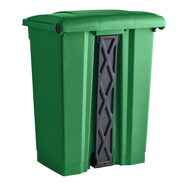 A green rectangular Lavex step-on trash can with a black handle.
