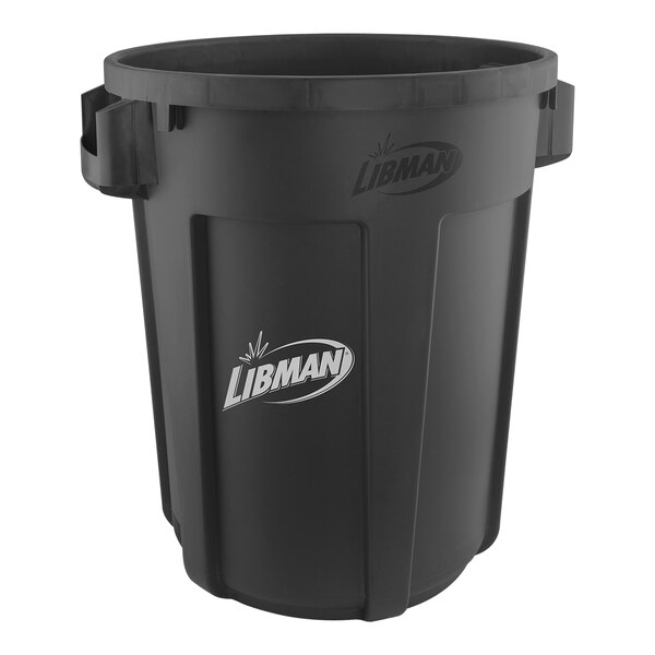 A black plastic Libman round trash can.