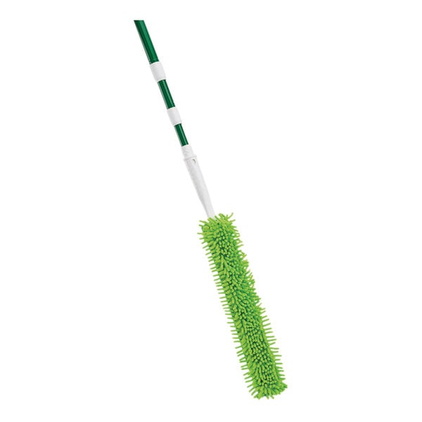 A green and white pole with a green and white fuzzy object on the end.