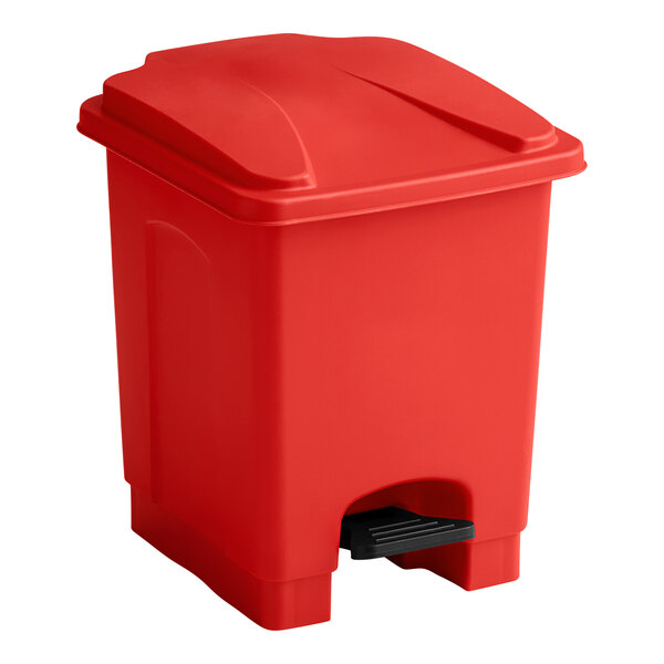 A red rectangular Lavex step-on trash can with a lid.