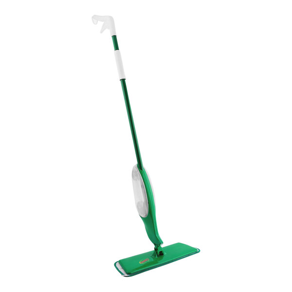 A close up of a green Libman Freedom spray mop with a white handle.