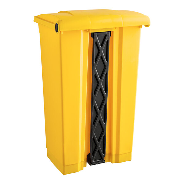 A yellow rectangular Lavex step-on trash can with black handles.