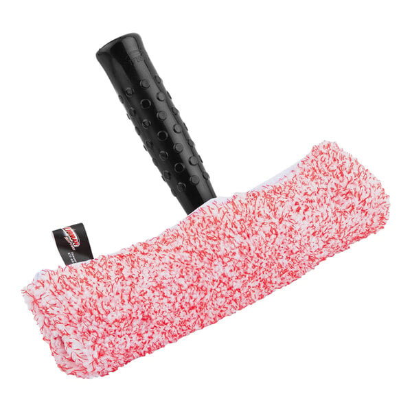 A Libman window washer with a black and red handle and a red and white microfiber cloth.