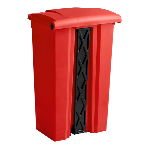 A red rectangular Lavex step-on trash can with black handles.