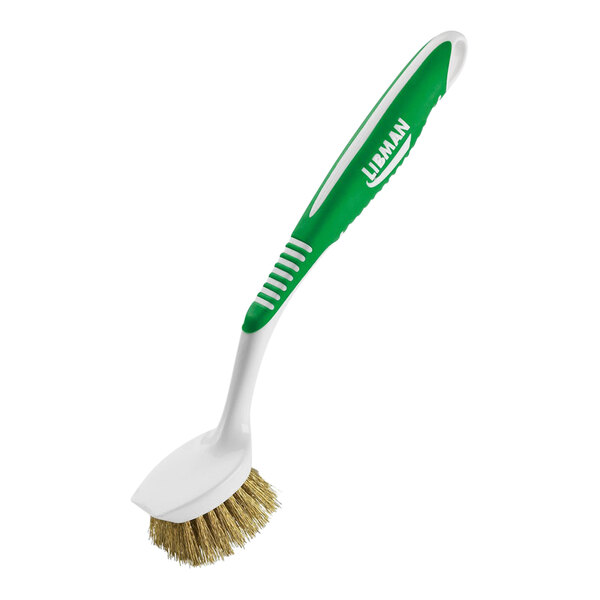 A green and white Libman Polypropylene Pot Scrub Brush with Brass Fibers and a handle.