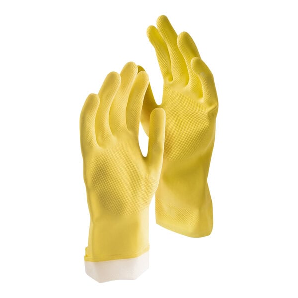 A pair of yellow Libman latex rubber gloves with a white lining.