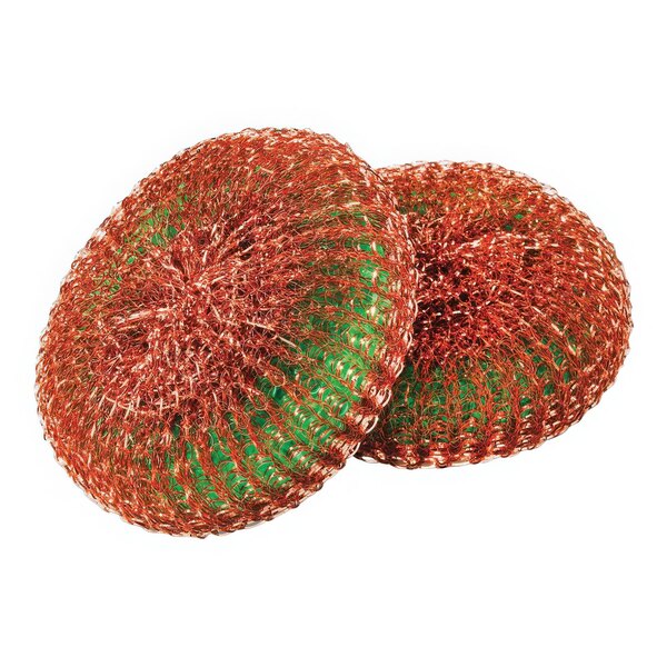 A close-up of a pair of red and green sponges with copper scrubber centers.