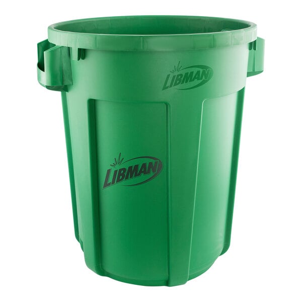 A green plastic Libman round trash can.