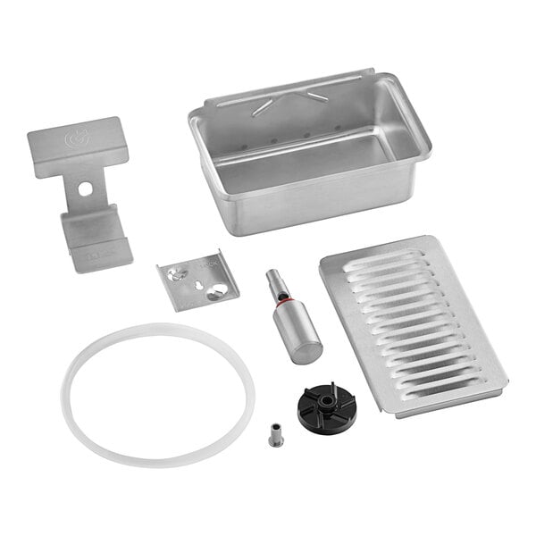 A stainless steel and red plastic Crathco triple beverage dispenser bowl and drip tray assembly.